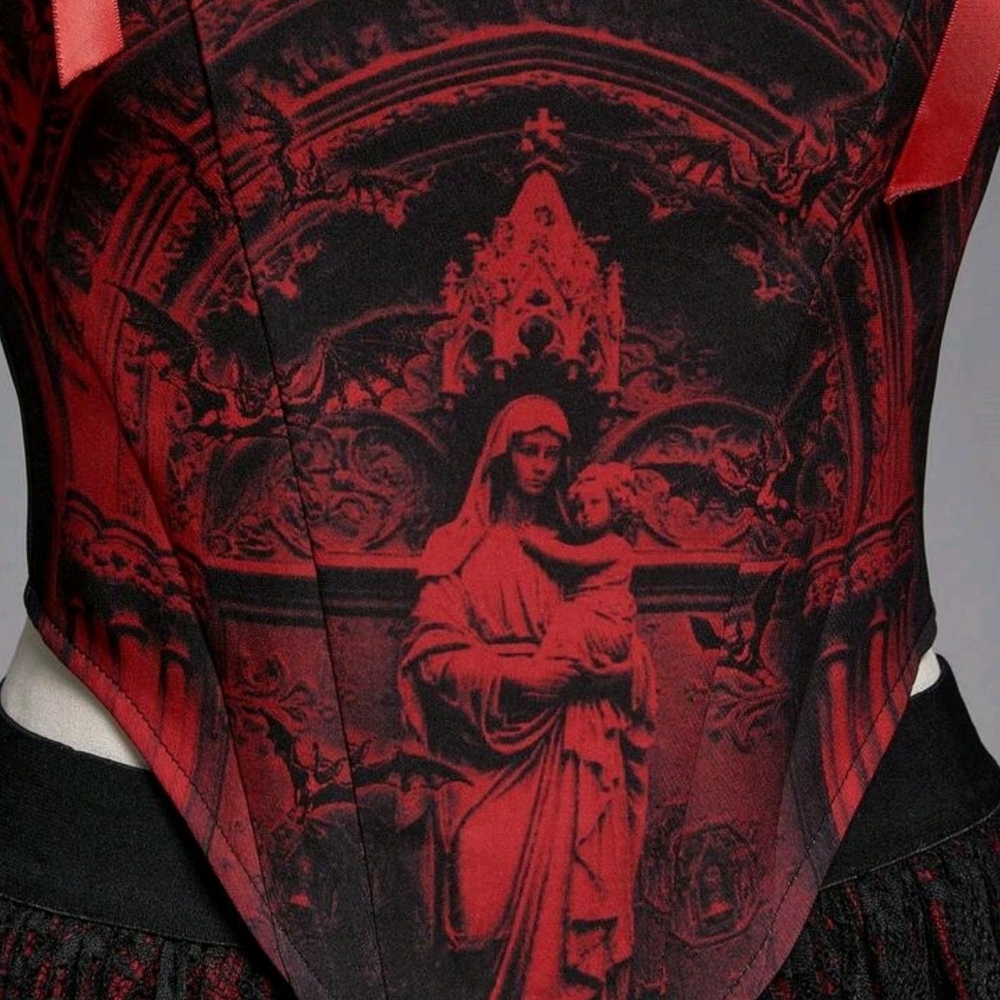 Dolls Kill Black and Red Gothic Graphic Tie-Shoulder Corset Top - Picture 4 of 6